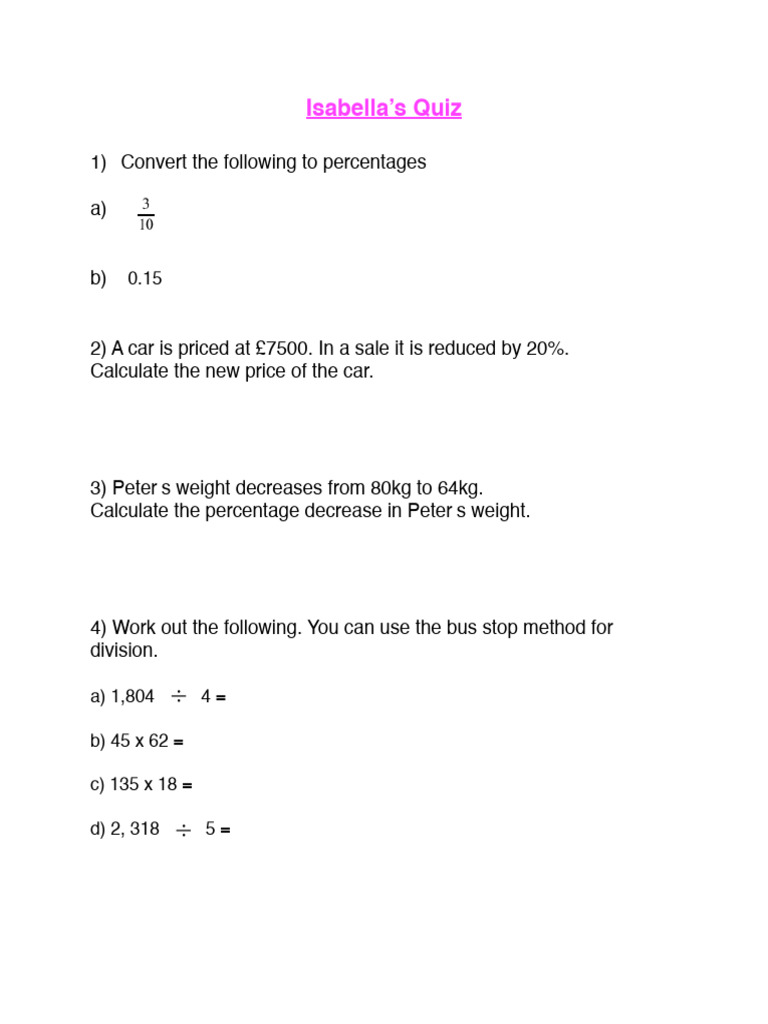 Year 8 Maths Quiz on Percentages and Division | PDF | Teaching Methods ...