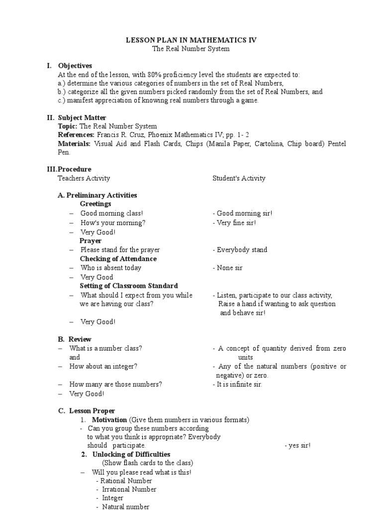Grade 4 Real Number System Lesson Plan | PDF | Numbers | Rational Number