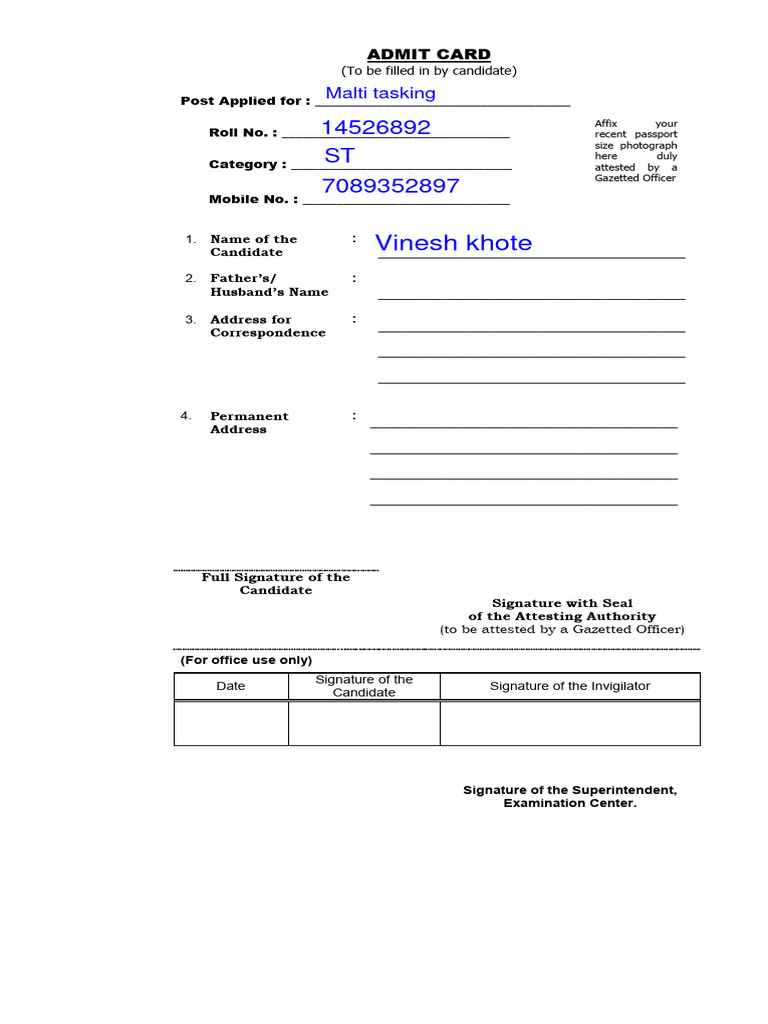 Admit Card Format - 0 - 0 | PDF