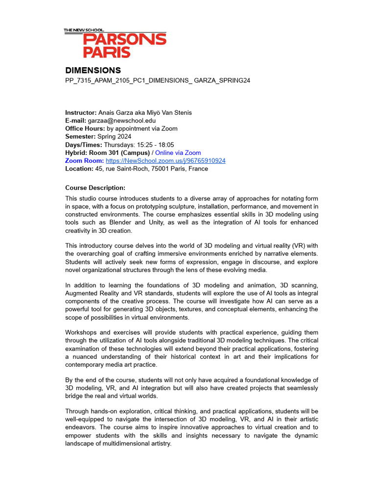 Syllabus DIMENSIONS Spring 2024 PDF 3 D Computer Graphics Virtual