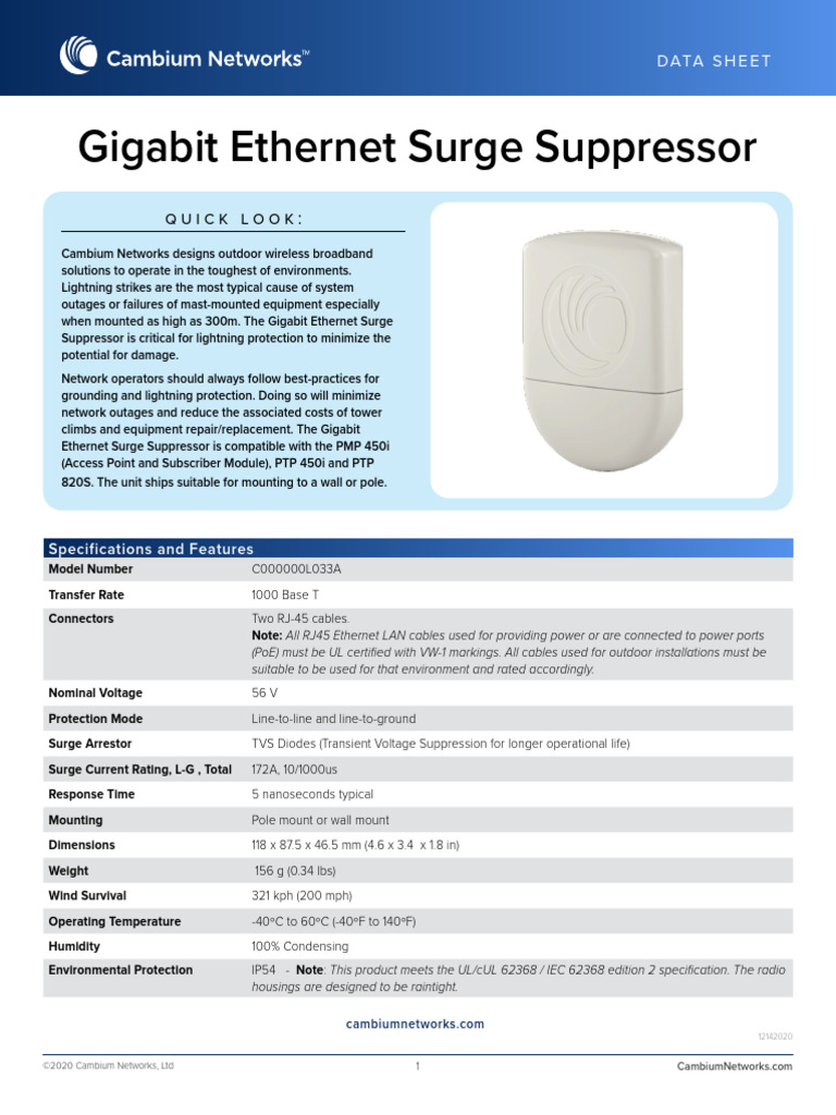 Cambium Networks Data Sheet Gigabit Surge Suppressor PDF