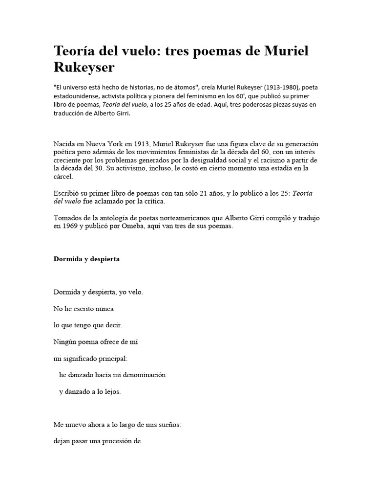 Poemas de Muriel Rukeyser: Teoría del vuelo | PDF