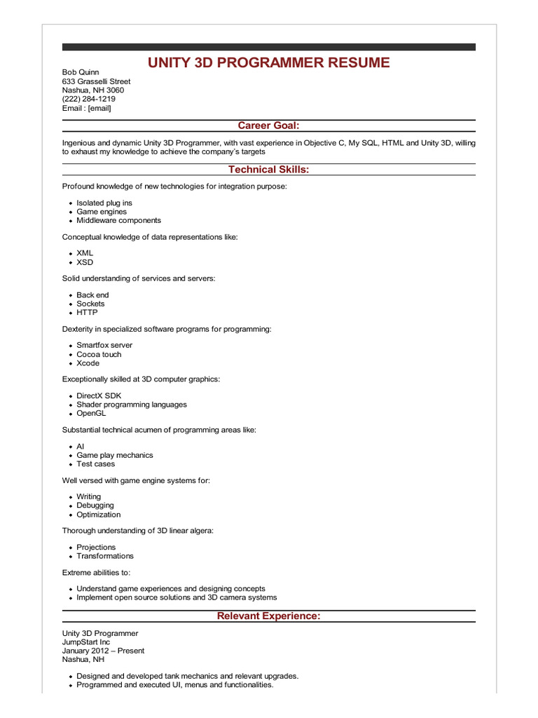 Unity 3D Programmer Resume of Bob Quinn | PDF | 3 D Computer Graphics ...