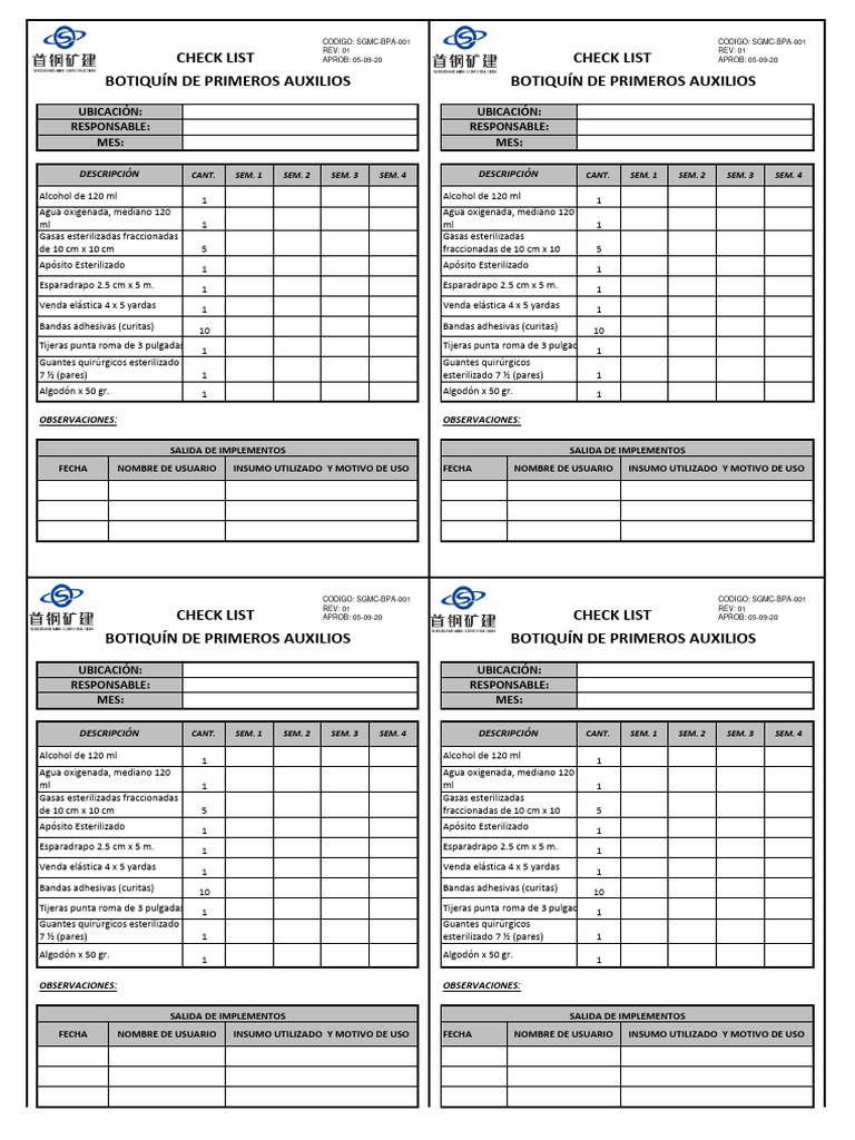 Inventario Botiquín de Primeros Auxilios | PDF | Primeros auxilios