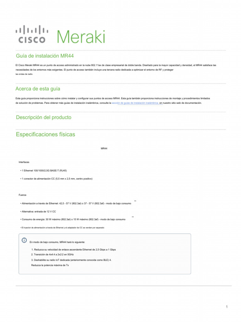 Guía de instalación del MR44 Meraki | PDF | Punto de acceso inalámbrico ...