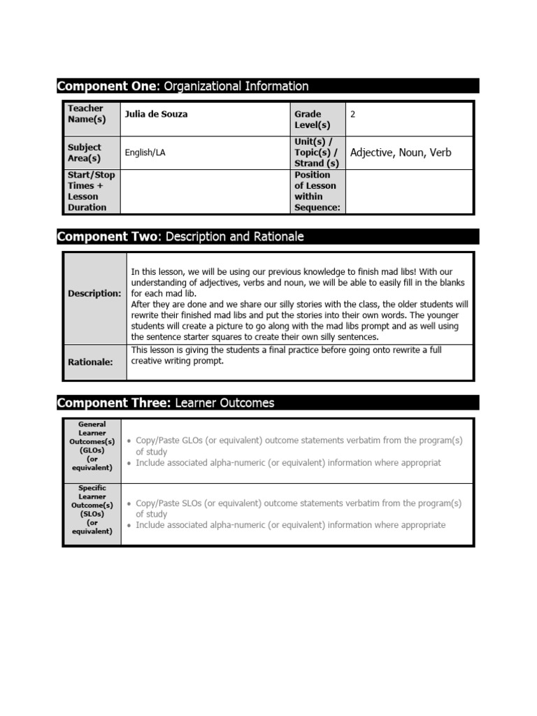 Lesson Plan - Mad Libs Nov | PDF | Verb | Adjective