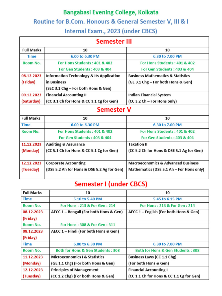 Routine For BCom CBCS Sem 1, 3 & 5 Internal Exam 2023 | PDF | Financial ...