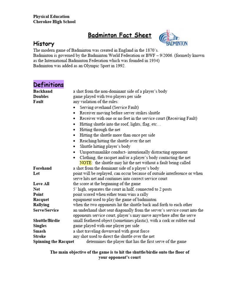 Badminton Rules and History Guide | PDF | Indoor Sports | Entertainment