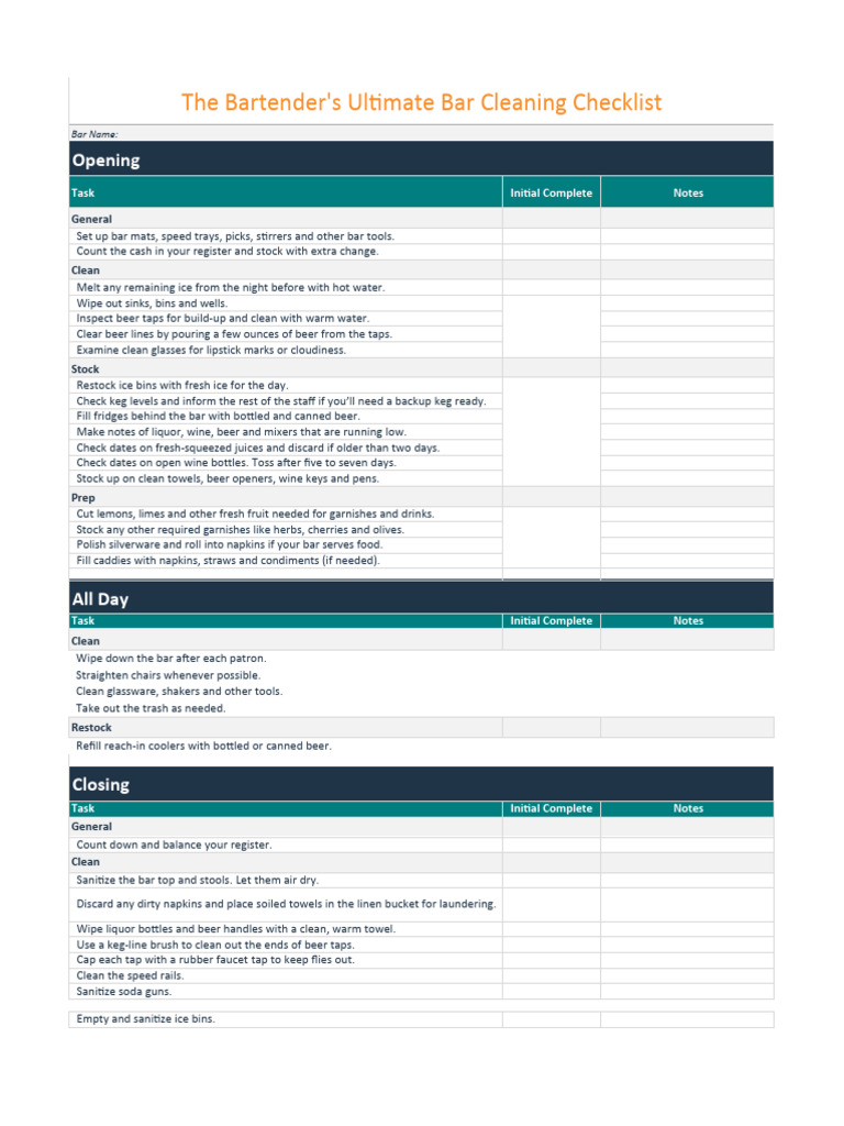 The Bartender's Ultimate Bar Cleaning Checklist Opening PDF Beer