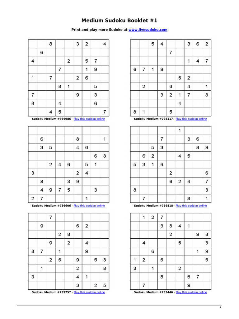Medium Sudoku Booklet 1 en 6 | PDF | Logic Puzzles | Popular Scholarship
