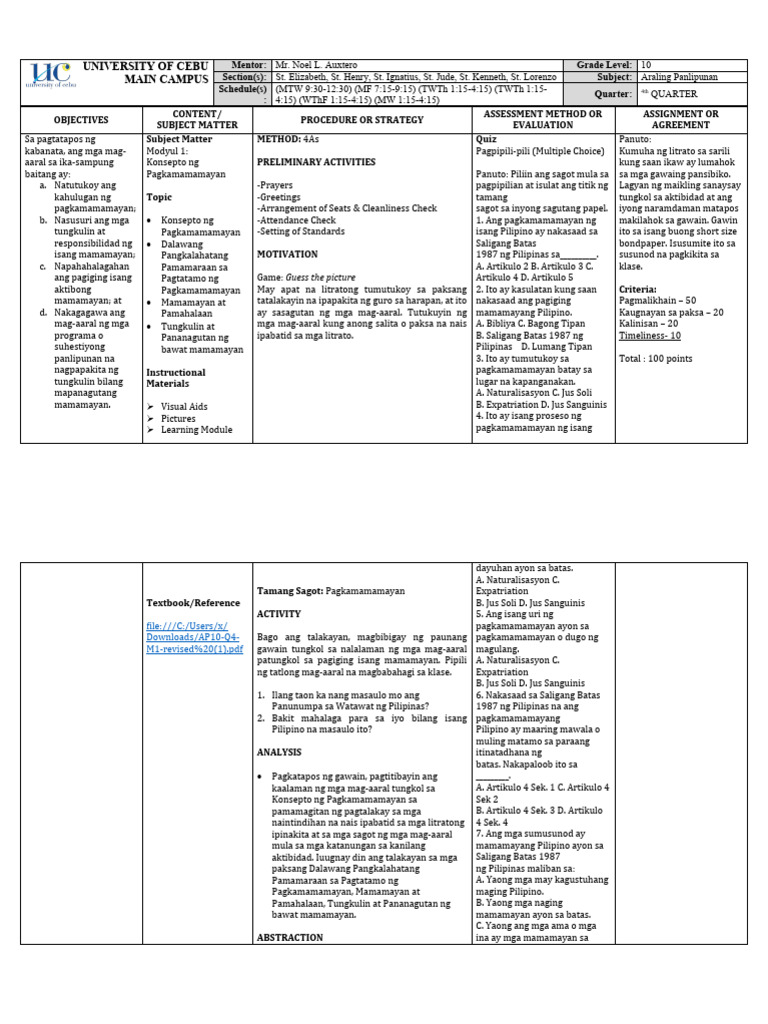 ADOLFO Final AP 10 LESSON PLAN DVRMNHS | PDF