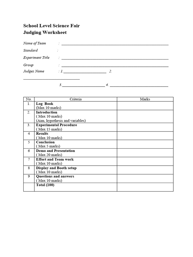 School Level Science Fair Judging Form PDF