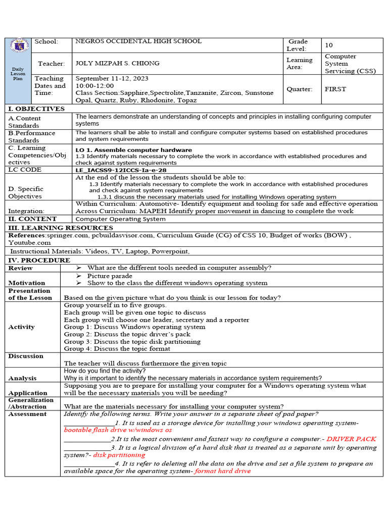 Grade 10 OS Installation Lesson Plan | PDF | Operating System | File System
