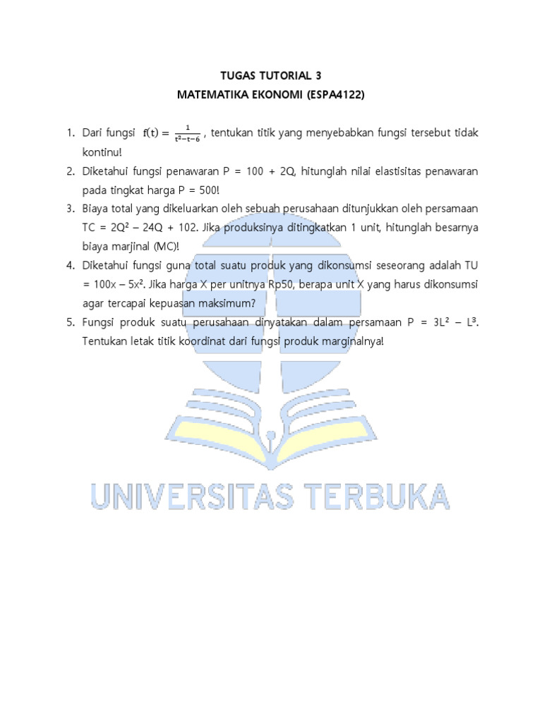 Tugas 3 Matematika Ekonomi UT Semester 1 | PDF | Metode & Bahan Ajar ...