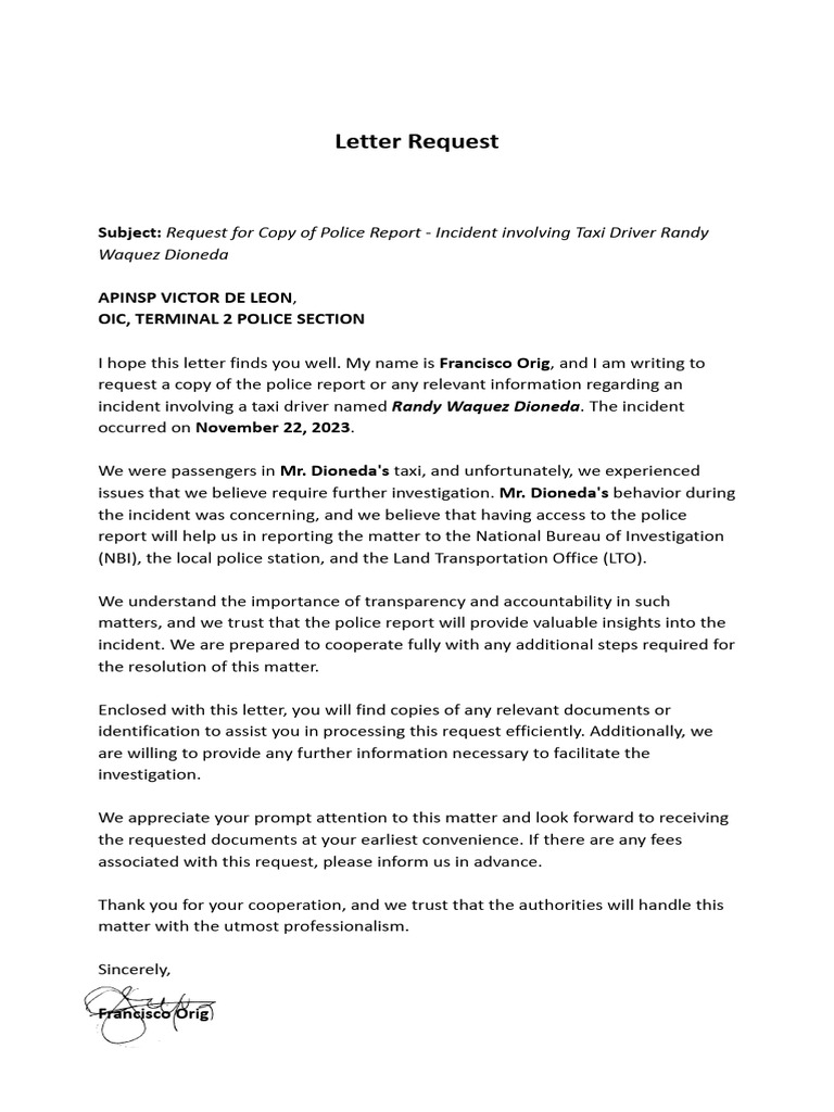 Request for Police Report on Incident | PDF