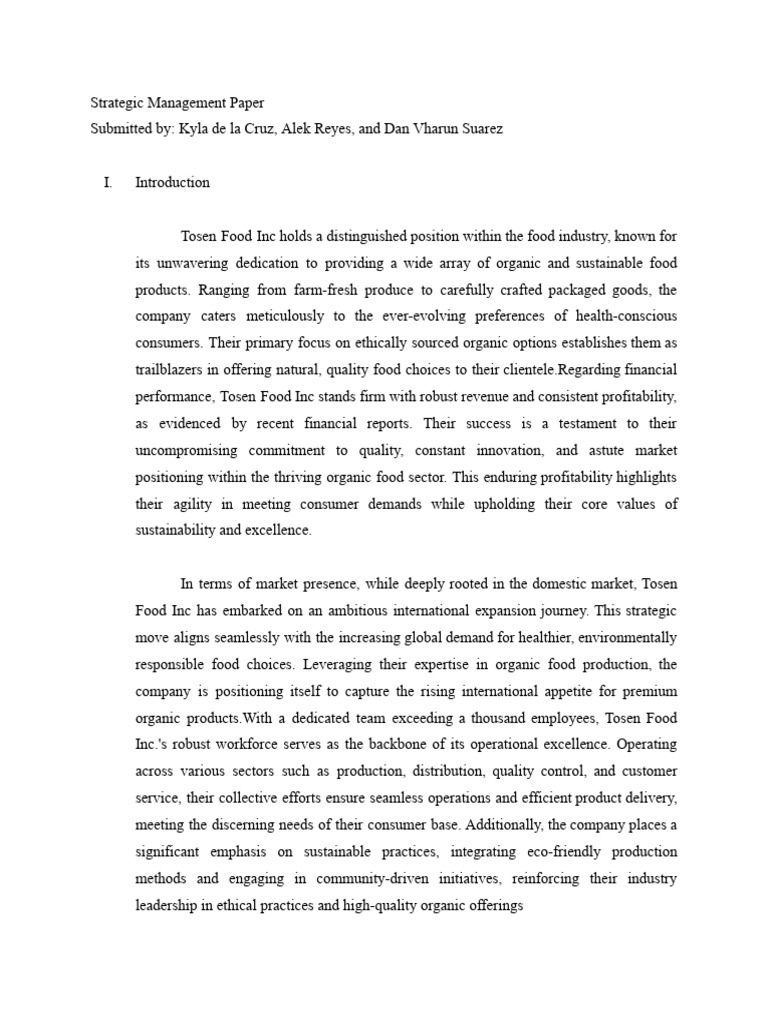 Strategic Management Paper Tosen Food INC. | PDF | Sustainability ...