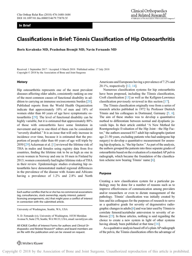 2018-1 - Classifications in Brief Tonnis Classification of Hip ...