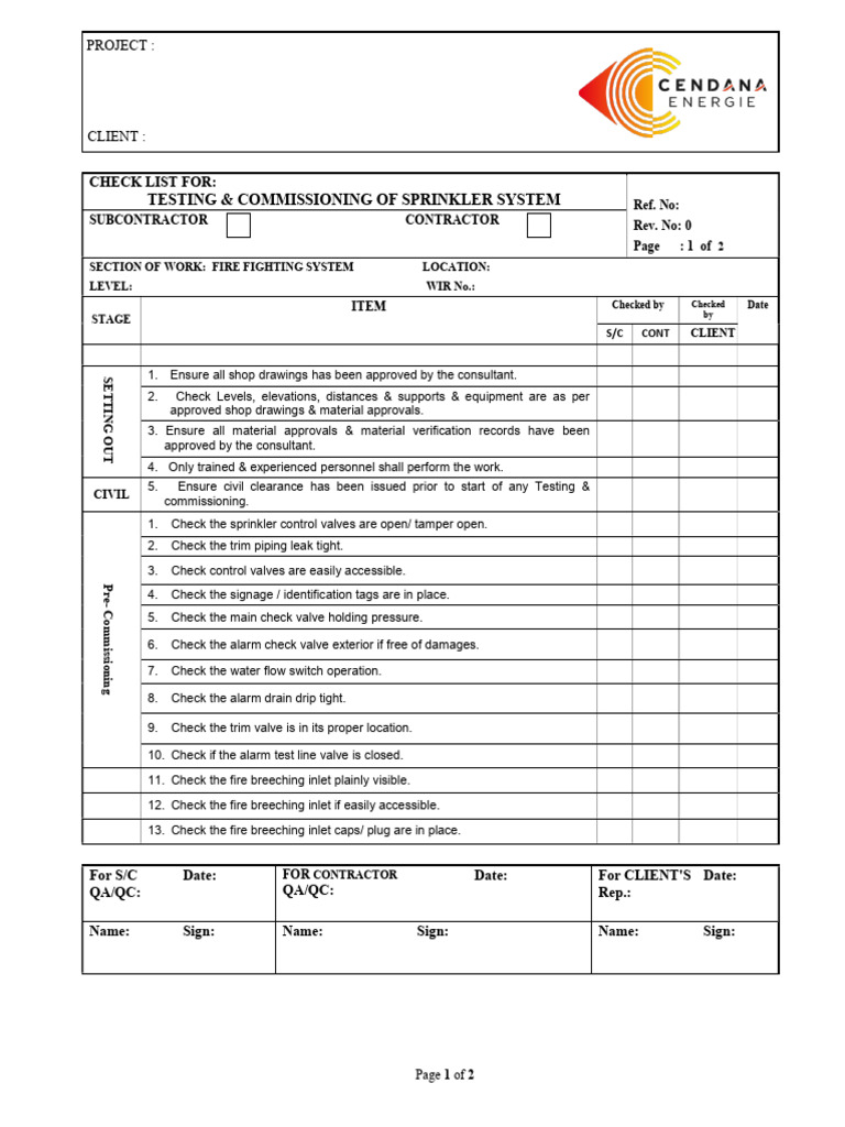 Sprinkler System Testing Checklist | PDF | Fire Sprinkler System | Valve
