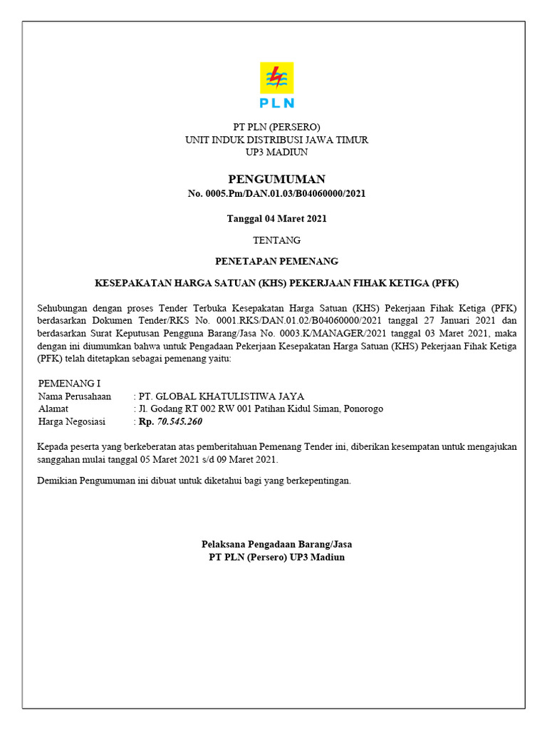 04030101-Pengumuman Pemenang 003 | PDF