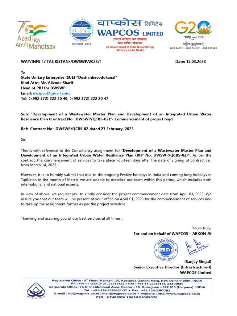 DWSWP Letter Regd Commencement of Services | PDF