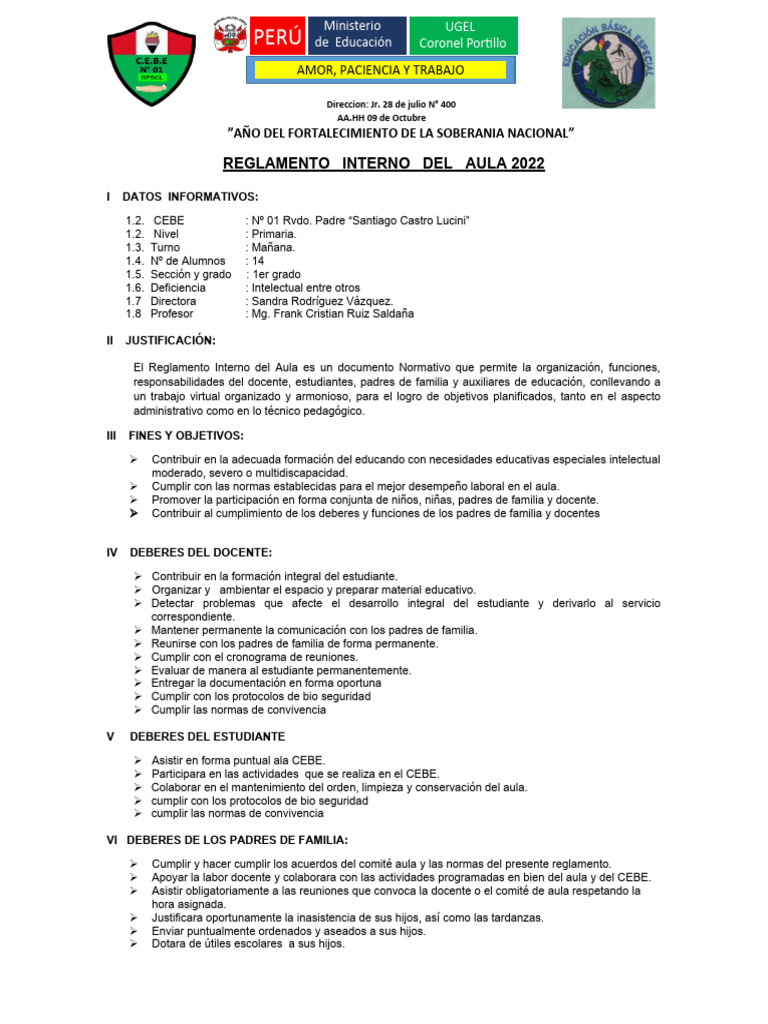 Reglamento Interno del Aula 2022 | PDF | Salón de clases | Maestros