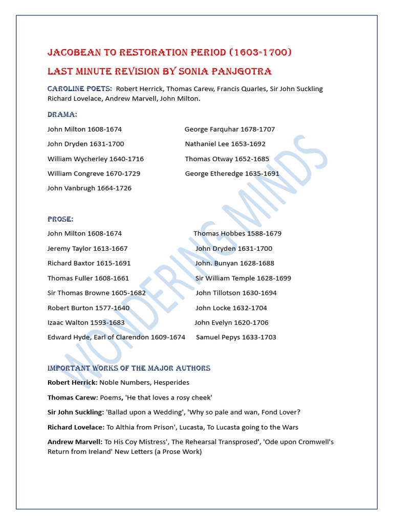 Jacobean To Restoration Period WM PDF John Milton English Literature