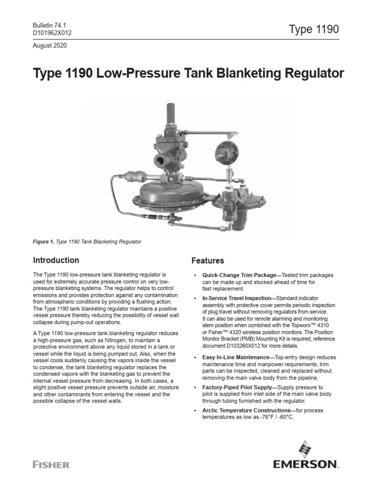 Fisher™ Type 1190 LowPressure Gas Blanketing Regulator PDF Valve