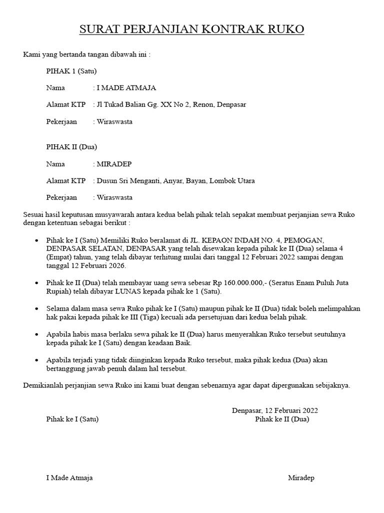 Perjanjian Sewa Ruko Denpasar 2022-2026 | PDF
