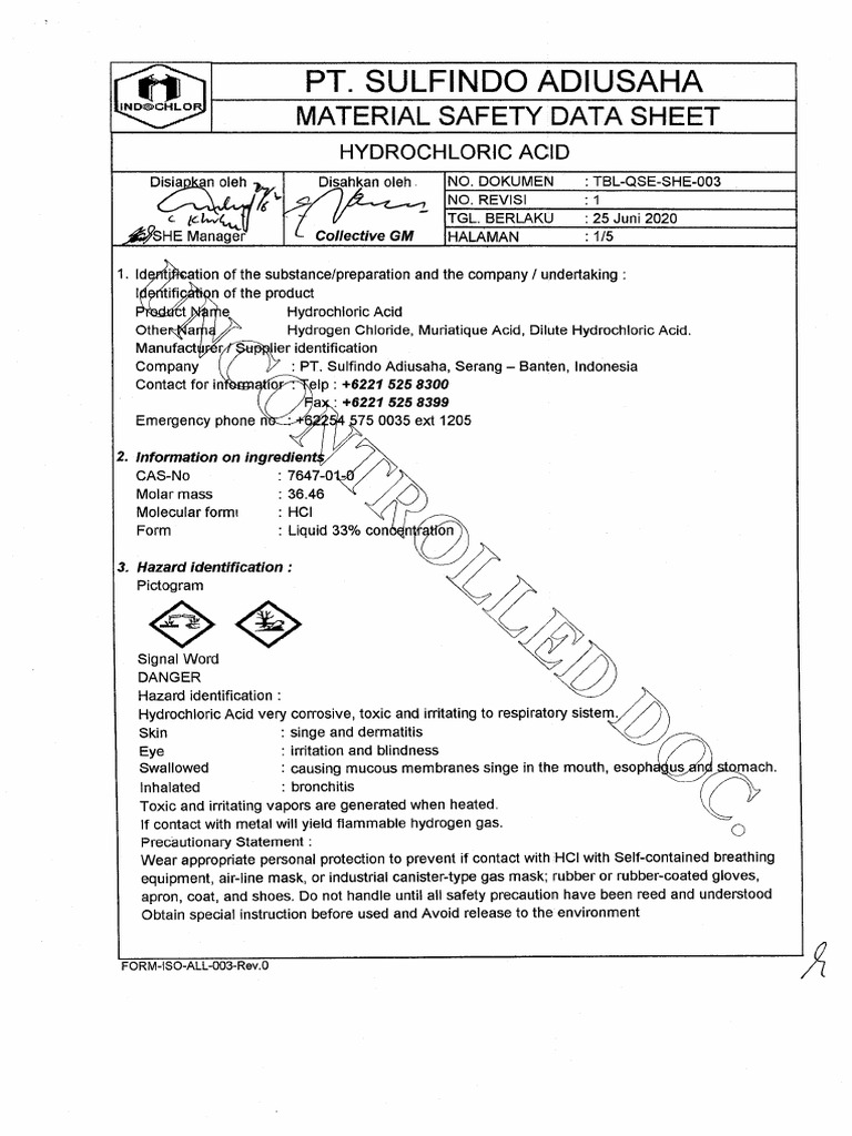 MSDS Hydrochloric Acid HCL 33 | PDF