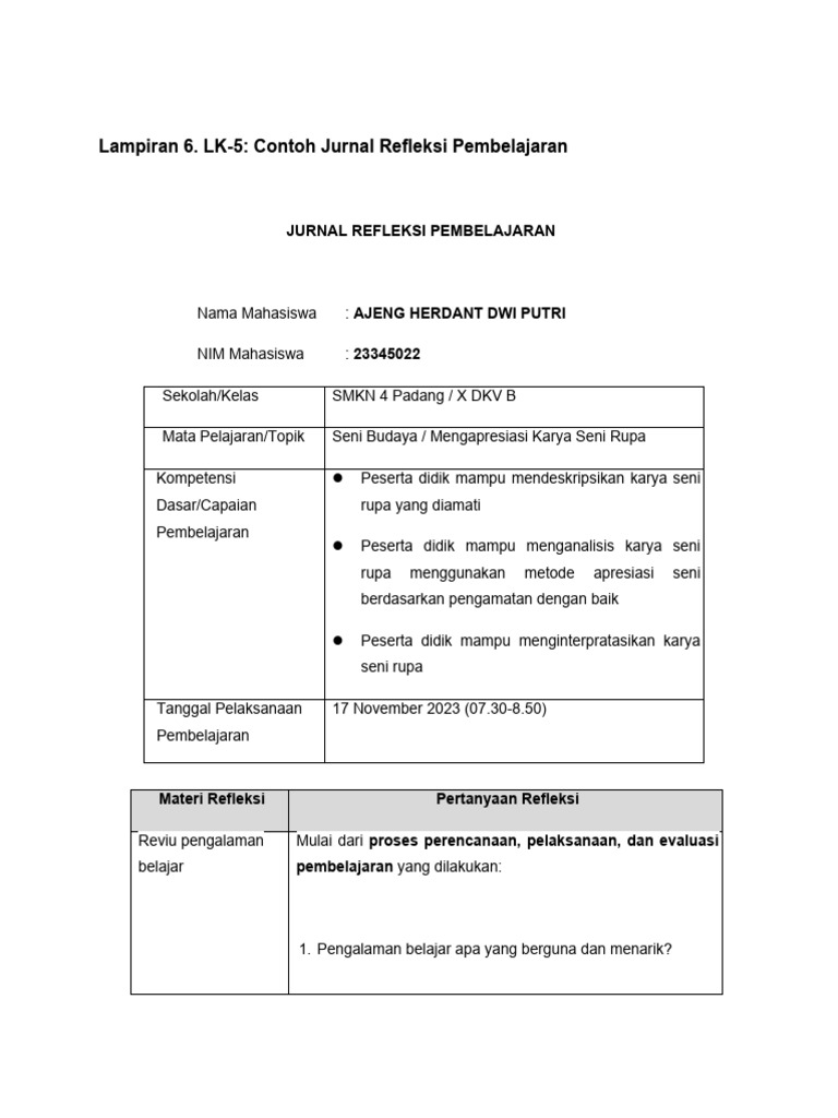 Contoh Jurnal Refleksi Pembelajaran Seni | PDF | Karier & Perkembangan
