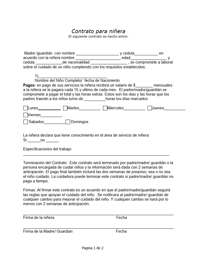 Contrato de Niñera para Cuidado Infantil | PDF | Finanzas y dinero ...