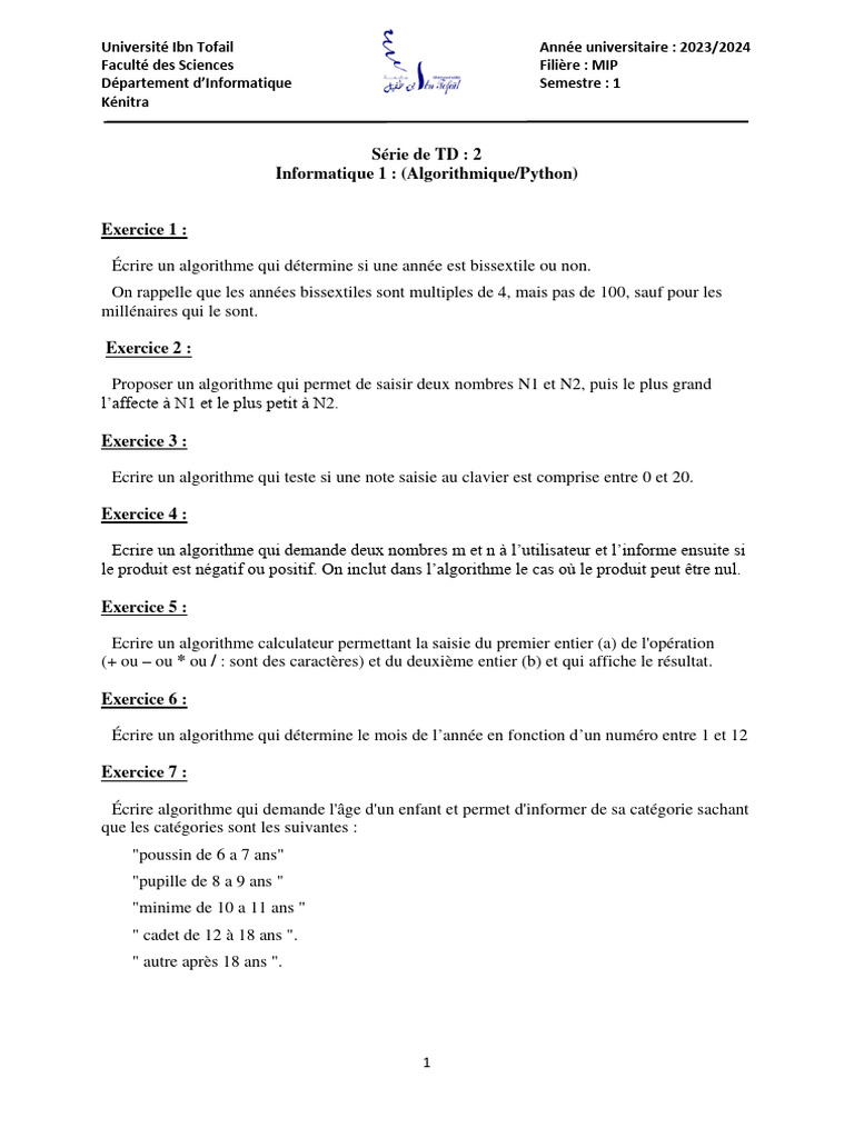 Exercices d'Algorithmique en Python | PDF