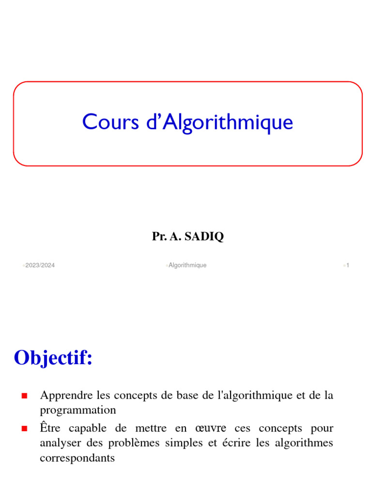 Introduction à l'Algorithmique 2023/2024 | PDF | Structure de contrôle ...