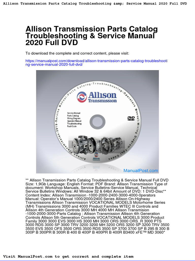 Allison Transmission Parts Catalog Troubleshooting Service Manual 2020