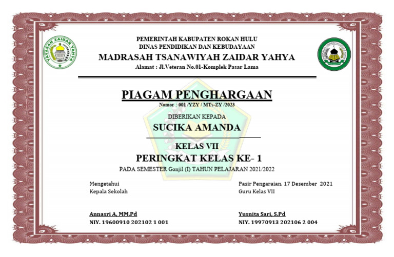 Piagam Juara Kelas 3 Pdf