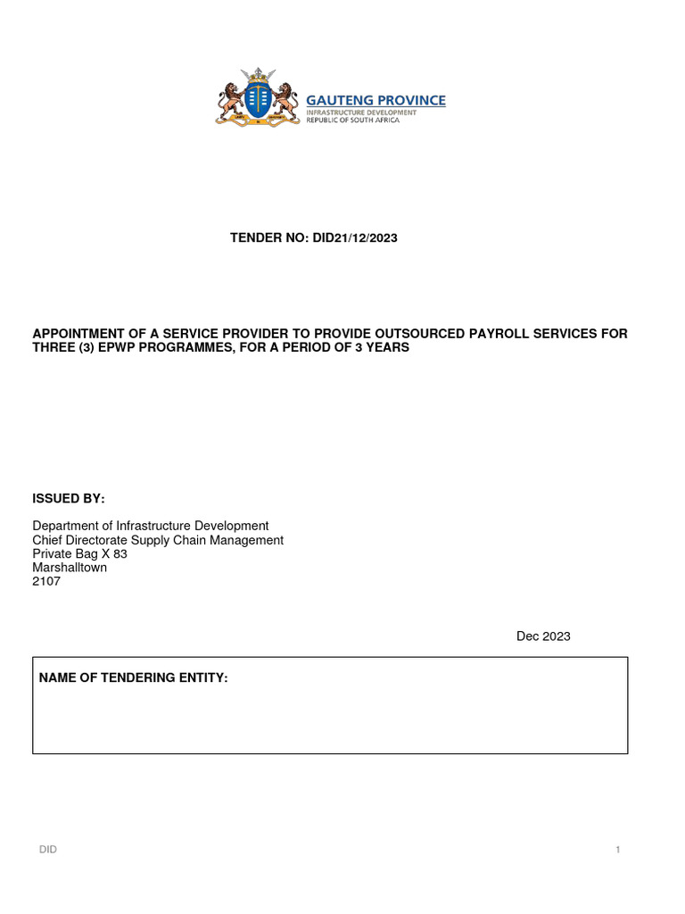 Tender Document DID21-12-2023 EPWP PAYROLL PUBLISH 14 DEC 2023 | PDF ...