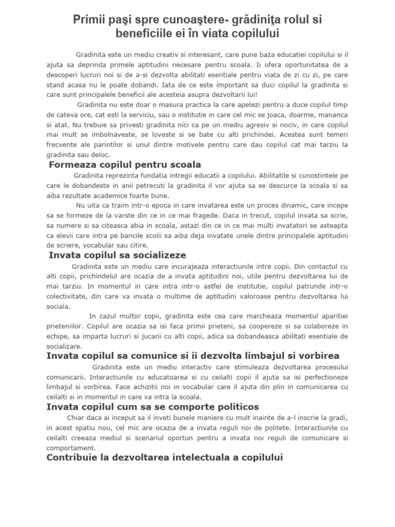 Rolul Si Beneficiile Gradinitei in Viata Copilului | PDF