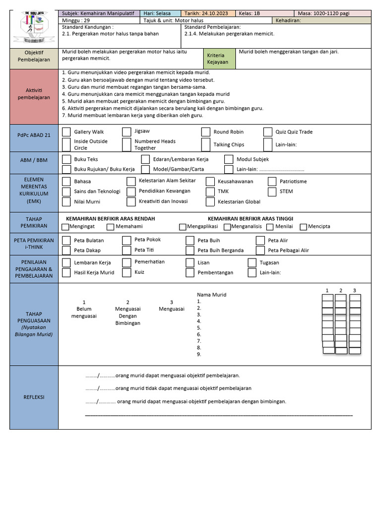 Kemahiran Memicit untuk Kelas 1B | PDF