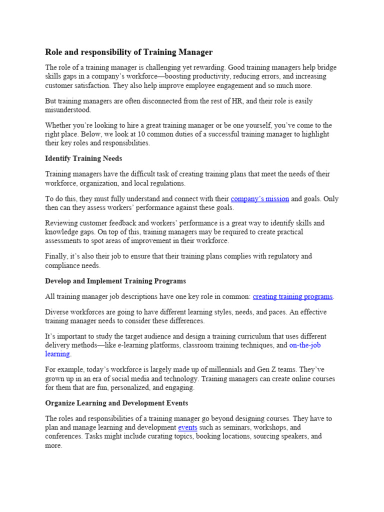 Role And Responsibility Of Training Manager Pdf Employment