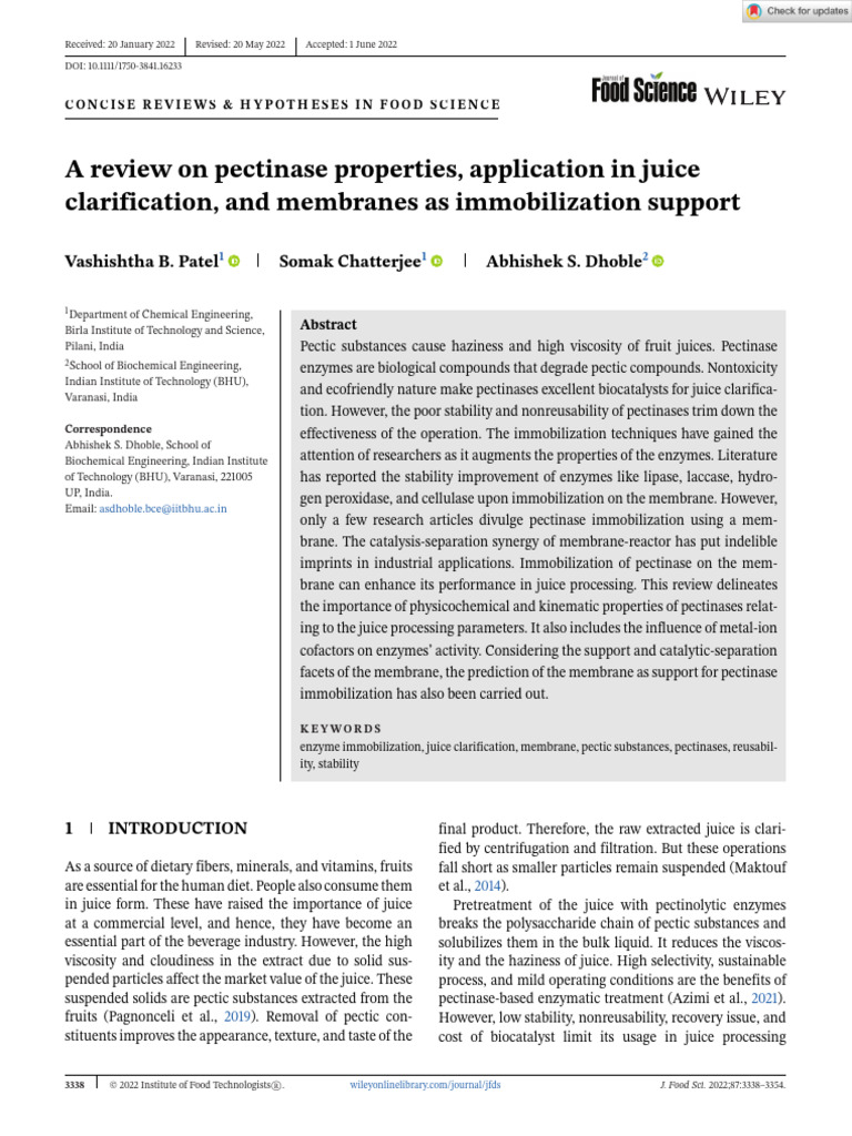 Journal of Food Science 2022 Patel A Review On Pectinase