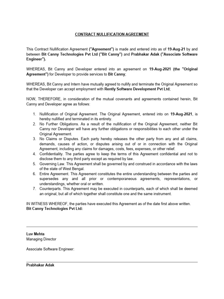 Contract Nullification Agreement 2021 | PDF