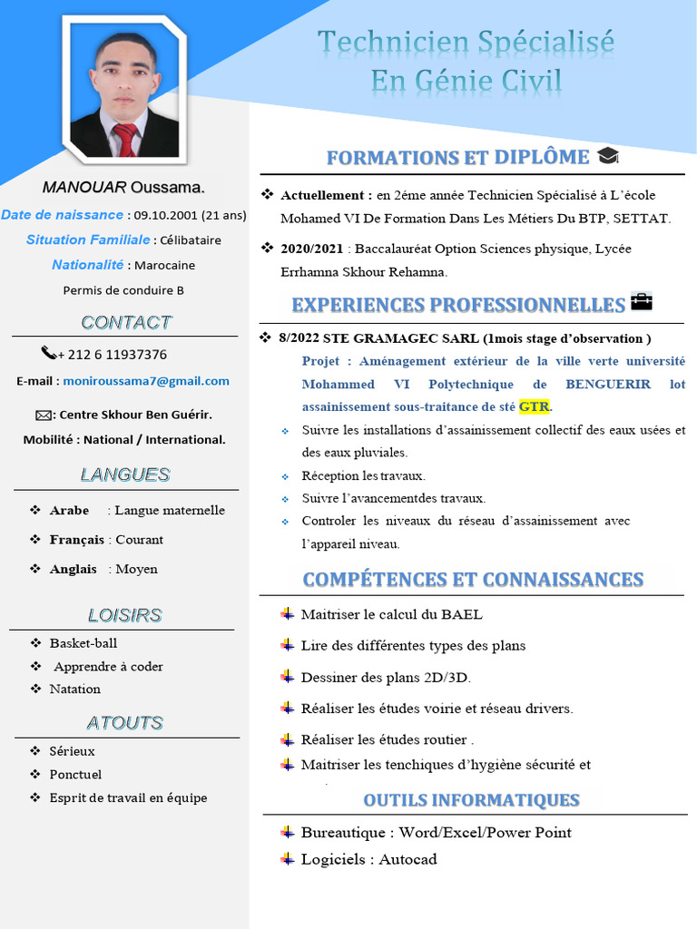 CV de Manouar Oussama - Technicien BTP | PDF | Technologie et ingénierie