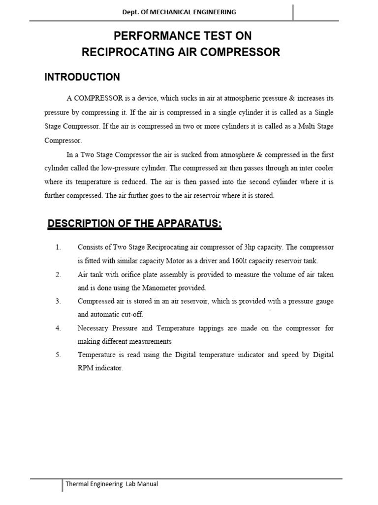 Two-Stage Air Compressor Performance Test | PDF | Pressure Measurement ...