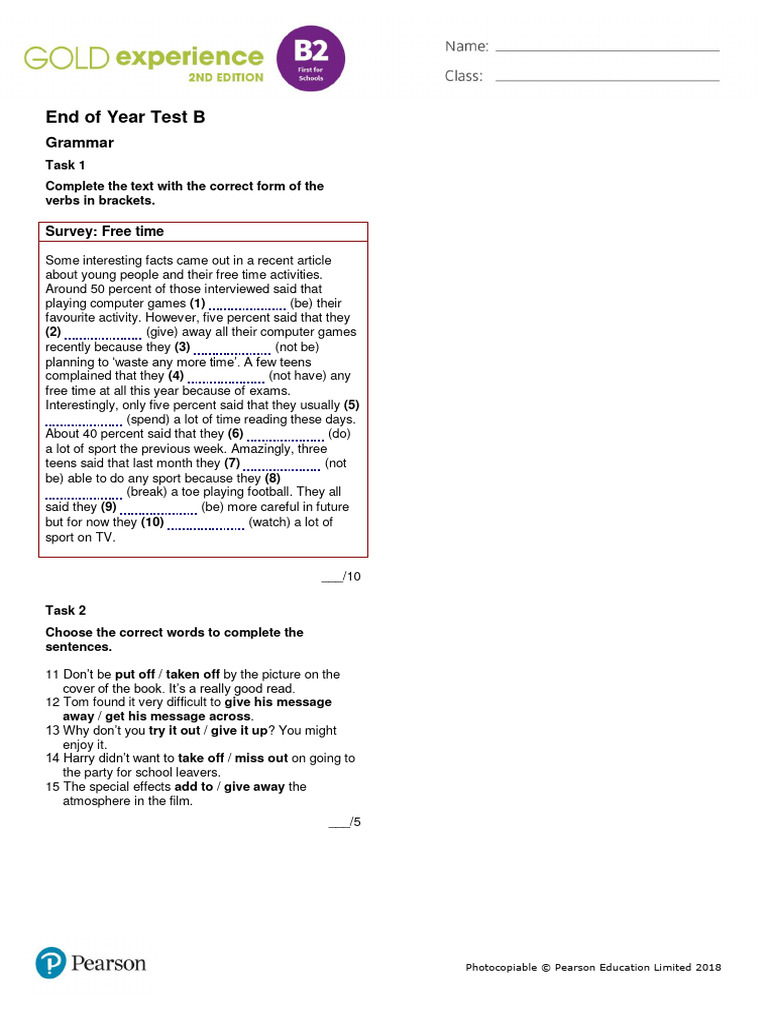 Gold Experience B2 Year-End Test | PDF | Apprenticeship