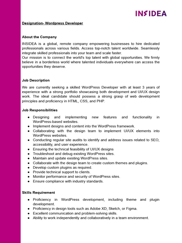 WordPress Developer Job Opening | PDF | Word Press | World Wide Web