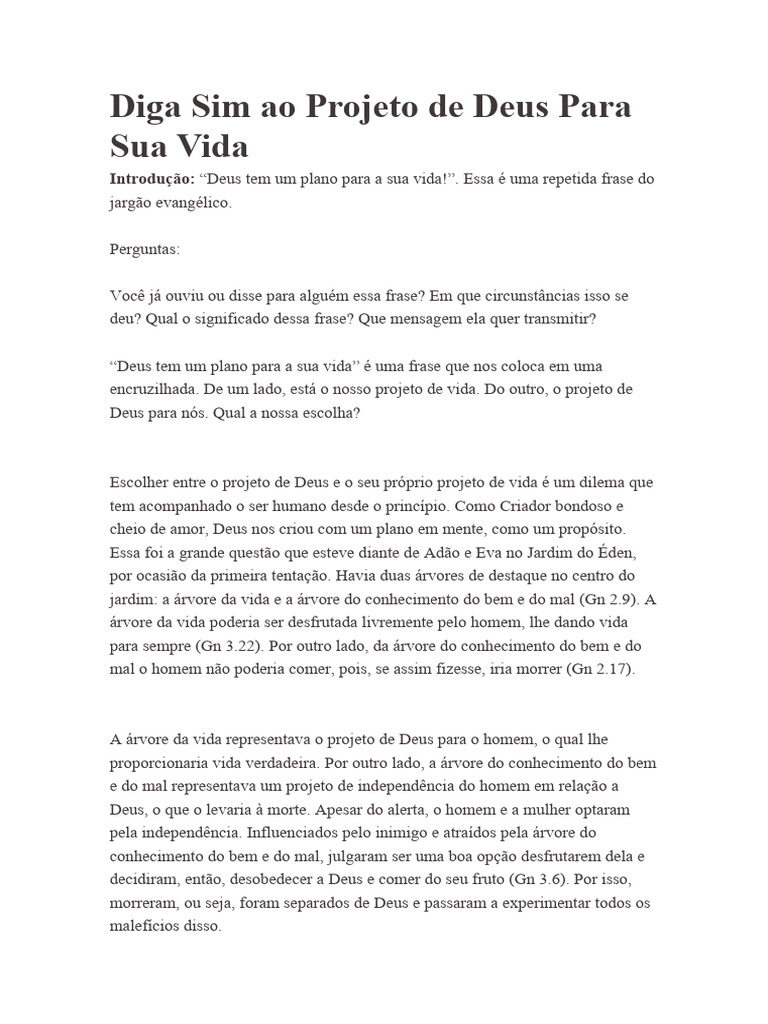 Diga Sim Ao Projeto De Deus Para Sua Vida Pdf Jesus Adão E Eva