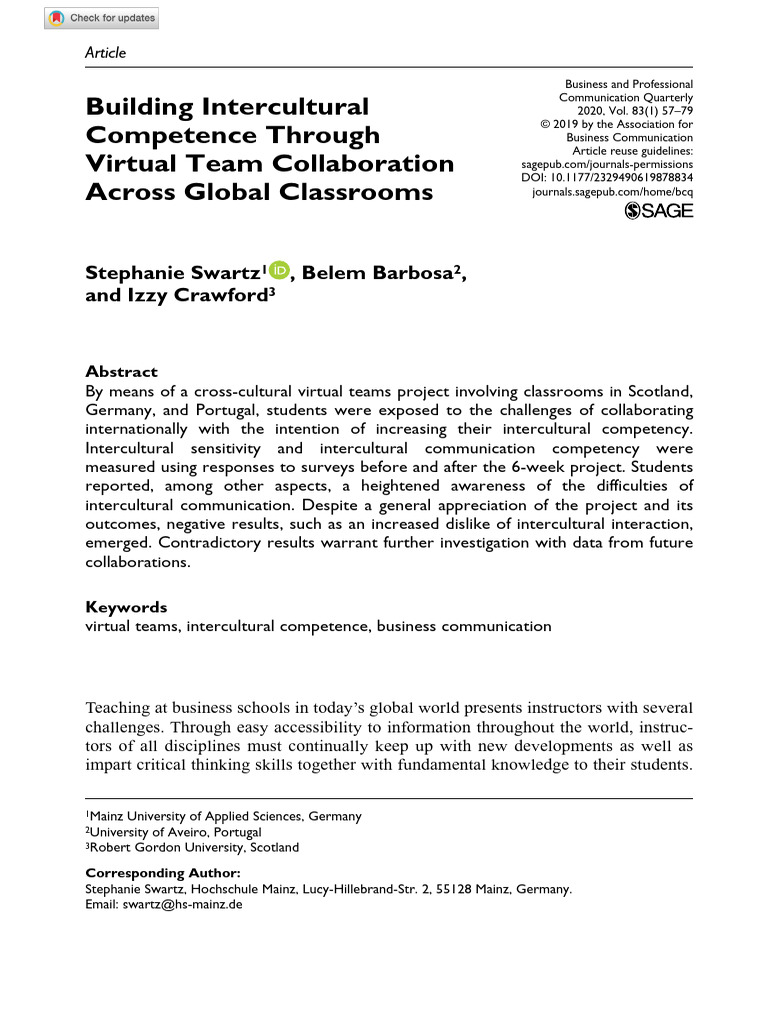 Swartz Et Al 2019 Building Intercultural Competence Through Virtual ...
