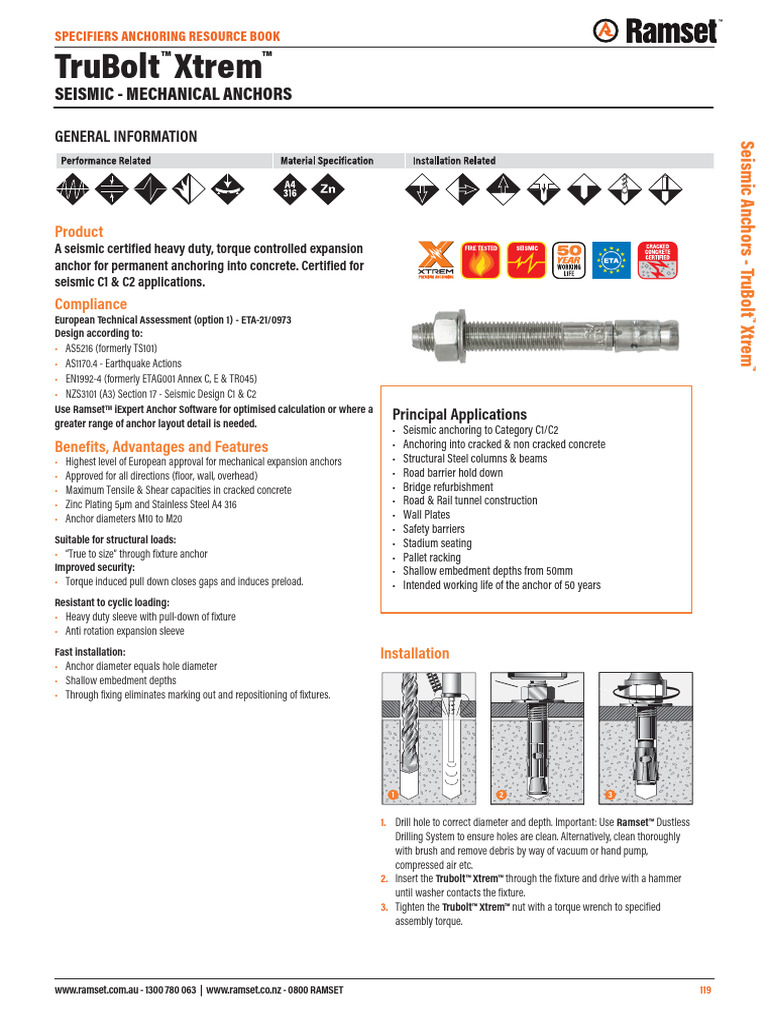 Ramset Sarb Anz Ed.3 Trubolt Xtrem Seismic Mechanical Anchors | PDF ...
