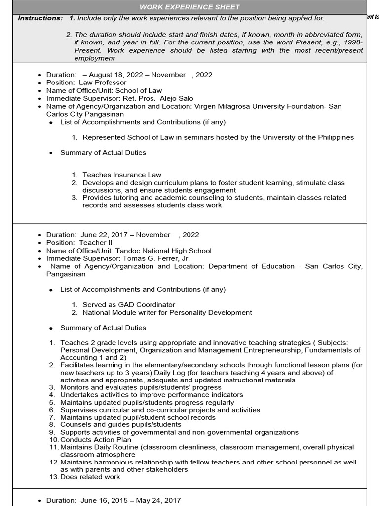 Work Experience Sheet for Teachers | PDF | Teachers | Curriculum