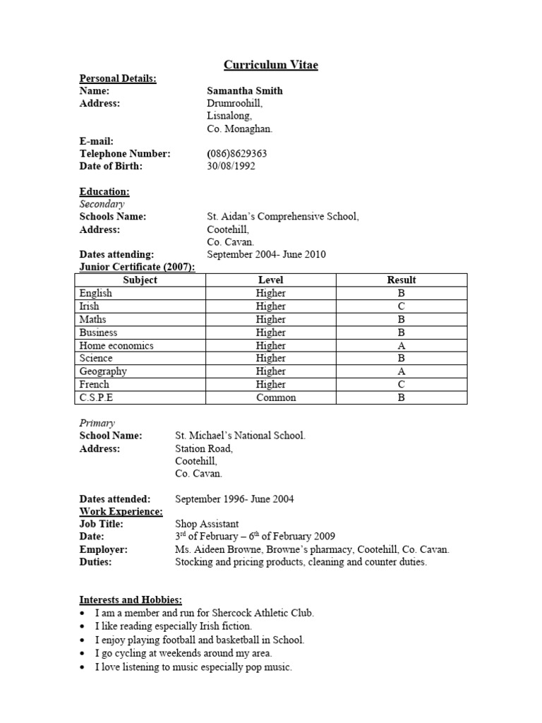 CV for Secondary School Students | PDF